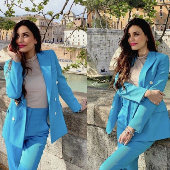 Zara teal blue suit // blazer & high waisted trousers - Picture 3 of 7